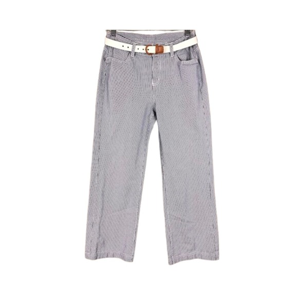 LL Bean Striped Wide Leg Pants White Belt Casual Womenswear Size 8 - Picture 1 of 3